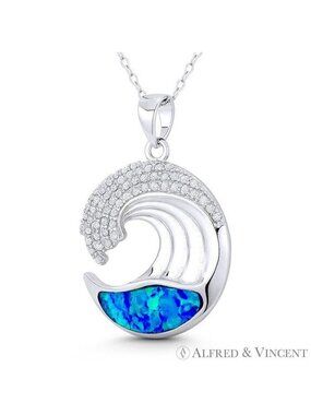 Sea Wave / Surfer Lab-Created Opal & CZ Crystal Pendant in .925 Sterling Silver